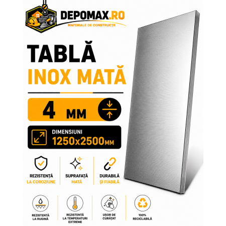 Tabla inox mata AISI 304 2B, 4 x 1250 x 2500 mm, 3.125 mp